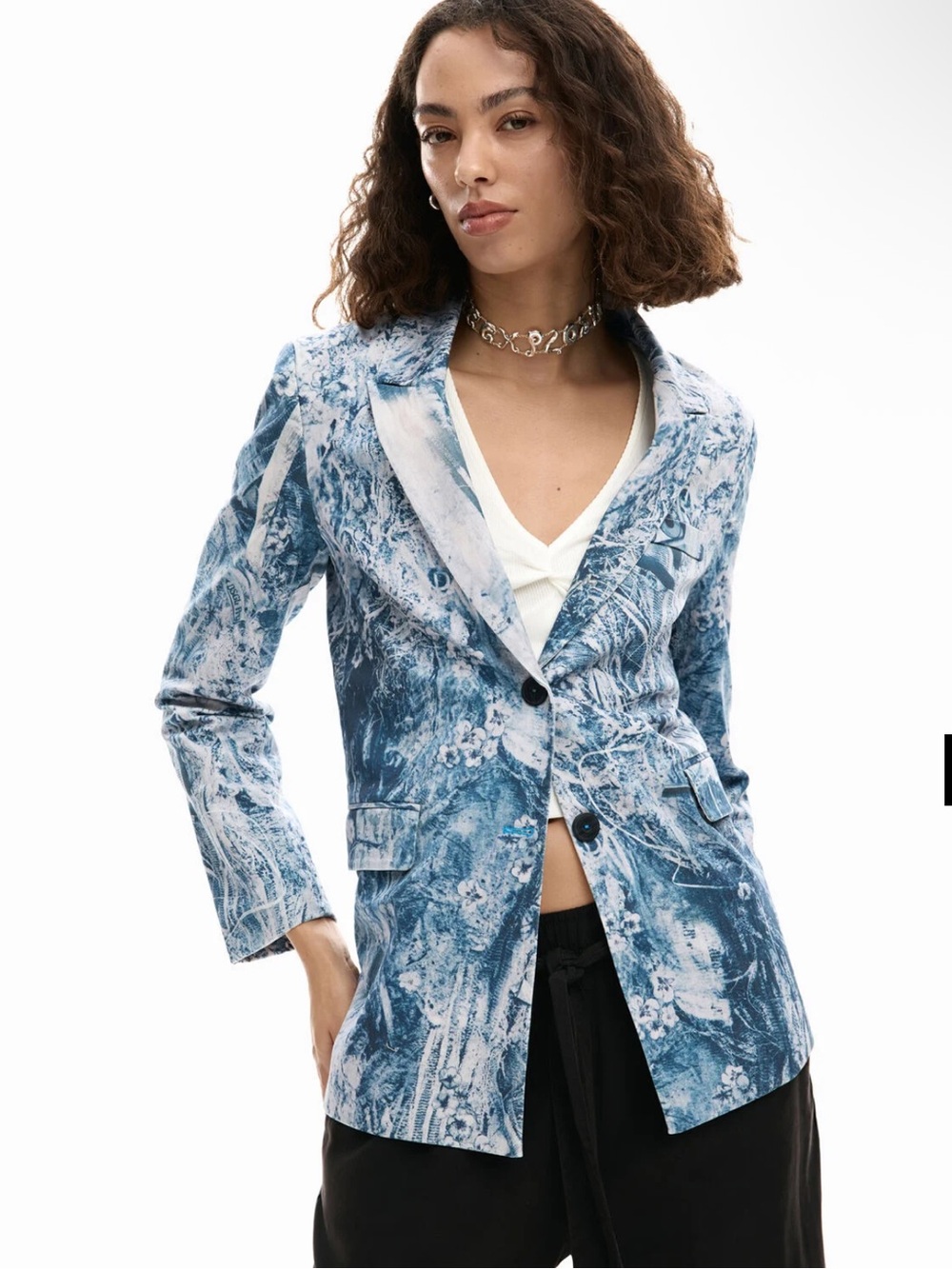 Desigual Blue Marble-Print Tailored Blazer